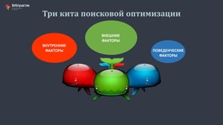 Три кита поисковой оптимизации
ВНЕШНИЕ
ФАКТОРЫ
ВНУТРЕННИЕ
ФАКТОРЫ ПОВЕДЕНЧЕСКИЕ
ФАКТОРЫ
 
