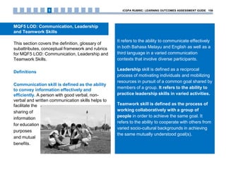 MQF5 LOD: Communication, Leadership
and Teamwork Skills
This section covers the definition, glossary of
subattributes, conceptual framework and rubrics
for MQF5 LOD: Communication, Leadership and
Teamwork Skills.
Definitions
Communication skill is defined as the ability
to convey information effectively and
efficiently. A person with good verbal, non-
verbal and written communication skills helps to
facilitate the
sharing of
information
for education
purposes
and mutual
benefits.
It refers to the ability to communicate effectively
in both Bahasa Melayu and English as well as a
third language in a varied communication
contexts that involve diverse participants.
Leadership skill is defined as a reciprocal
process of motivating individuals and mobilizing
resources in pursuit of a common goal shared by
members of a group. It refers to the ability to
practice leadership skills in varied activities.
Teamwork skill is defined as the process of
working collaboratively with a group of
people in order to achieve the same goal. It
refers to the ability to cooperate with others from
varied socio-cultural backgrounds in achieving
the same mutually understood goal(s).
iCGPA RUBRIC: LEARNING OUTCOMES ASSESSMENT GUIDE 1595
 
