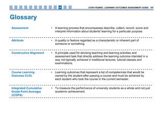 Glossary
Assessment • A learning process that encompasses describe, collect, record, score and
interpret information about students' learning for a particular purpose.
Attribute • A quality or feature regarded as a characteristic or inherent part of
someone or something.
Constructive Alignment • A principle used for devising teaching and learning activities and
assessment task that directly address the learning outcome intended in a
way not typically achieved in traditional lectures, tutorial classes and
examinations.
Course Learning
Outcome CLO)
• Learning outcomes that represent a list of competencies that would be
owned by the student after passing a course and must be achieved by
each student who took the course in the current semester.
Integrated Cumulative
Grade Point Average)
(iCGPA)
• To measure the performance of university students as a whole and not just
academic achievement.
iCGPA RUBRIC: LEARNING OUTCOMES ASSESSMENT GUIDE 197A
 