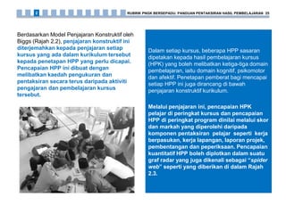 Dalam setiap kursus, beberapa HPP sasaran
dipetakan kepada hasil pembelajaran kursus
(HPK) yang boleh melibatkan ketiga-tiga domain
pembelajaran, iaitu domain kognitif, psikomotor
dan afektif. Penetapan pemberat bagi mencapai
setiap HPP ini juga dirancang di bawah
penjajaran konstruktif kurikulum.
Melalui penjajaran ini, pencapaian HPK
pelajar di peringkat kursus dan pencapaian
HPP di peringkat program dinilai melalui skor
dan markah yang diperolehi daripada
komponen pentaksiran pelajar seperti kerja
berpasukan, kerja lapangan, laporan projek,
pembentangan dan peperiksaan. Pencapaian
kuantitatif HPP boleh diplotkan dalam suatu
graf radar yang juga dikenali sebagai “spider
web” seperti yang diberikan di dalam Rajah
2.3.
Berdasarkan Model Penjajaran Konstruktif oleh
Biggs (Rajah 2.2), penjajaran konstruktif ini
diterjemahkan kepada penjajaran setiap
kursus yang ada dalam kurikulum tersebut
kepada penetapan HPP yang perlu dicapai.
Pencapaian HPP ini dibuat dengan
melibatkan kaedah pengukuran dan
pentaksiran secara terus daripada aktiviti
pengajaran dan pembelajaran kursus
tersebut.
RUBRIK PNGK BERSEPADU: PANDUAN PENTAKSIRAN HASIL PEMBELAJARAN 252
 