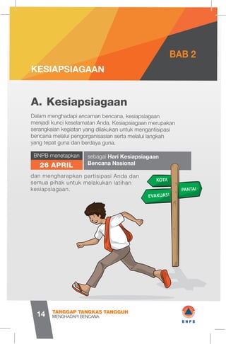 KesiapsiagaanA.
KESIAPSIAGAAN
BAB 2
Dalam menghadapi ancaman bencana, kesiapsiagaan
menjadi kunci keselamatan Anda. Kesiapsiagaan merupakan
serangkaian kegiatan yang dilakukan untuk mengantisipasi
bencana melalui pengorganisasian serta melalui langkah
yang tepat guna dan berdaya guna.
26 APRIL
sebagai Hari Kesiapsiagaan
Bencana Nasional
BNPB menetapkan
dan mengharapkan partisipasi Anda dan
semua pihak untuk melakukan latihan
kesiapsiagaan.
MENGHADAPI BENCANA
TANGGAP TANGKAS TANGGUH
14
SH2
 2/
1 B N P B
 