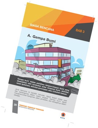 Gempa Bumi
A.
SIAGA BENCANA BAB 3
Gempa bumi adalah peristiwa berguncangnya bumi yang
disebabkan oleh tumbukan antar lempeng bumi, aktivitas
sesar (patahan), aktivitas gunungapi, atau runtuhan batuan.
Jenis bencana ini bersifat merusak, dapat terjadi setiap saat
dan berlangsung dalam waktu singkat. Gempa bumi dapat
menghancurkan bangunan, jalan, jembatan, dan sebagainya dalam
sekejap.
MENGHADAPI BENCANA
TANGGAP TANGKAS TANGGUH
20
na. i
LLl
V z am
j
i
®A(pe
 