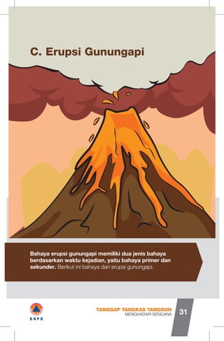 Erupsi GunungapiC.
Bahaya erupsi gunungapi memiliki dua jenis bahaya
berdasarkan waktu kejadian, yaitu bahaya primer dan
sekunder. Berikut ini bahaya dari erupsi gunungapi.
MENGHADAPI BENCANA
TANGGAP TANGKAS TANGGUH
31
o
.dOL
IB N P B
 