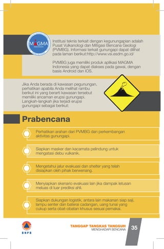 Institusi teknis terkait dengan kegunungapian adalah
Pusat Vulkanologi dan Mitigasi Bencana Geologi
(PVMBG). Informasi terkait gunungapi dapat dilihat
pada laman berikut:http://www.vsi.esdm.go.id/
PVMBG juga memiliki produk aplikasi MAGMA
Indonesia yang dapat diakses pada gawai, dengan
basis Android dan IOS.
Jika Anda berada di kawasan pegunungan,
perhatikan apabila Anda melihat rambu
berikut ini yang berarti kawasan tersebut
memiliki ancaman erupsi gunungapi.
Langkah-langkah jika terjadi erupsi
gunungapi sebagai berikut:
Prabencana
Perhatikan arahan dari PVMBG dan perkembangan
aktivitas gunungapi.
Siapkan masker dan kacamata pelindung untuk
mengatasi debu vulkanik.
Mengetahui jalur evakuasi dan shelter yang telah
disiapkan oleh pihak berwenang.
Menyiapkan skenario evakuasi lain jika dampak letusan
meluas di luar prediksi ahli.
Siapkan dukungan logistik, antara lain makanan siap saji,
lampu senter dan baterai cadangan, uang tunai yang
cukup serta obat-obatan khusus sesuai pemakai.
MENGHADAPI BENCANA
TANGGAP TANGKAS TANGGUH
35
m
r>
o
o
o
o
o
#B N P B
 