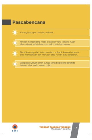 Pascabencana
Kurangi terpapar dari abu vulkanik.
Hindari mengendarai mobil di daerah yang terkena hujan
abu vulkanik sebab bisa merusak mesin kendaraan.
Bersihkan atap dari timbunan debu vulkanik karena beratnya
bisa merobohkan dan merusak atap rumah atau bangunan.
Waspadai wilayah aliran sungai yang berpotensi terlanda
bahaya lahar pada musim hujan.
MENGHADAPI BENCANA
TANGGAP TANGKAS TANGGUH
37
I#B N P B
 