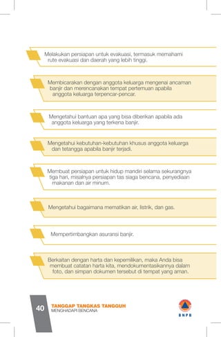 Membicarakan dengan anggota keluarga mengenai ancaman
banjir dan merencanakan tempat pertemuan apabila
anggota keluarga terpencar-pencar.
Berkaitan dengan harta dan kepemilikan, maka Anda bisa
membuat catatan harta kita, mendokumentasikannya dalam
foto, dan simpan dokumen tersebut di tempat yang aman.
Mengetahui bantuan apa yang bisa diberikan apabila ada
anggota keluarga yang terkena banjir.
Mengetahui kebutuhan-kebutuhan khusus anggota keluarga
dan tetangga apabila banjir terjadi.
Membuat persiapan untuk hidup mandiri selama sekurangnya
tiga hari, misalnya persiapan tas siaga bencana, penyediaan
makanan dan air minum.
Mengetahui bagaimana mematikan air, listrik, dan gas.
Mempertimbangkan asuransi banjir.
Melakukan persiapan untuk evakuasi, termasuk memahami
rute evakuasi dan daerah yang lebih tinggi.
MENGHADAPI BENCANA
TANGGAP TANGKAS TANGGUH
40
1 wB N P B
 