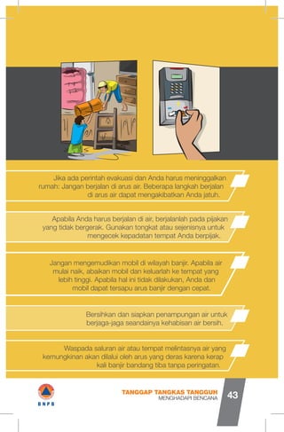 Jangan mengemudikan mobil di wilayah banjir. Apabila air
mulai naik, abaikan mobil dan keluarlah ke tempat yang
lebih tinggi. Apabila hal ini tidak dilakukan, Anda dan
mobil dapat tersapu arus banjir dengan cepat.
Apabila Anda harus berjalan di air, berjalanlah pada pijakan
yang tidak bergerak. Gunakan tongkat atau sejenisnya untuk
mengecek kepadatan tempat Anda berpijak.
Bersihkan dan siapkan penampungan air untuk
berjaga-jaga seandainya kehabisan air bersih.
Waspada saluran air atau tempat melintasnya air yang
kemungkinan akan dilalui oleh arus yang deras karena kerap
kali banjir bandang tiba tanpa peringatan.
Jika ada perintah evakuasi dan Anda harus meninggalkan
rumah: Jangan berjalan di arus air. Beberapa langkah berjalan
di arus air dapat mengakibatkan Anda jatuh.
MENGHADAPI BENCANA
TANGGAP TANGKAS TANGGUH
43
□
V'
offon
fyfW
#B N P B
 
