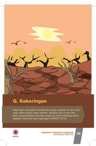 Kekeringan merupakan kondisi kekurangan pasokan air dari curah
hujan dalam jangka waktu tertentu, biasanya satu musim atau
lebih, yang berakibat pada kekurangan air untuk beberapa sektor
kegiatan, kelompok atau lingkungan (UNISDR, 2019)
KekeringanG.
MENGHADAPI BENCANA
TANGGAP TANGKAS TANGGUH
55
V
0)
Y
# f
fB N P B
f
 