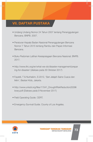 • Undang Undang Nomor 24 Tahun 2007 tentang Penanggulangan
Bencana. BNPB. 2007.
• Peraturan Kepala Badan Nasional Penanggulangan Bencana 	
Nomor 7 Tahun 2015 tentang Rambu dan Papan Informasi 	 	
Bencana.
• Buku Pedoman Latihan Kesiapsiagaan Bencana Nasional. BNPB.
2017.
• http://www.ifrc.org/en/what-we-do/disaster-management/prepar
ing-for-disaster/ (diakses pada 30 Oktober 2017)
• Fayeldi, T & Nurhakim, S 2012, ‘Seri Jelajah Sains Cuaca dan
Iklim’, Bestari Kids, Jakarta.
• http://www.unisdr.org/files/11541_DroughtRiskReduction2009li
brary.pdf (Diakses pada 9 November 2017)
• Field Operating Guide. CERT.
• Emergency Survival Guide. County of Los Angeles.
VII. DAFTAR PUSTAKA
MENGHADAPI BENCANA
TANGGAP TANGKAS TANGGUH
73
I#B N P B
 