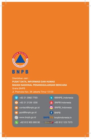 Diterbitkan oleh :
PUSAT DATA, INFORMASI DAN HUMAS
BADAN NASIONAL PENANGGULANGAN BENCANA
Graha BNPB
Jl. Pramuka Kav. 38 Jakarta Timur 13120
+62 21 2982 7793 @BNPB_Indonesia
+62 21 2128 1200 BNPB Indonesia
contact@bnpb.go.id
ppid@bnpb.go.id
BNPB_Indonesia
www.bnpb.go.id
+62 812 955 900 90
BNPB
bnpbindonesia.tv
+62 812 123 7575
<s
* ,
avs
B N P B
[Tubej
[1
BNPB
 