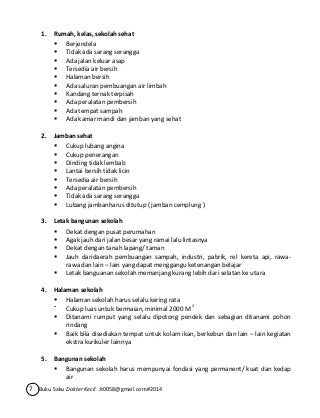 1. Rumah, kelas, sekolah sehat 
 Berjendela 
 Tidak ada sarang serangga 
 Ada jalan keluar asap 
 Tersedia air bersih 
 Halaman bersih 
 Ada saluran pembuangan air limbah 
 Kandang ternak terpisah 
 Ada peralatan pembersih 
 Ada tempat sampah 
 Ada kamar mandi dan jamban yang sehat 
2. Jamban sehat 
 Cukup lubang angina 
 Cukup penerangan 
 Dinding tidak lembab 
 Lantai bersih tidak licin 
 Tersedia air bersih 
 Ada peralatan pembersih 
 Tidak ada sarang serangga 
 Lubang jambanharus ditutup ( jamban cemplung ) 
3. Letak bangunan sekolah 
 Dekat dengan pusat perumahan 
 Agak jauh dari jalan besar yang ramai lalu lintasnya 
 Dekat dengan tanah lapang/ taman 
 Jauh daridaerah pembuangan sampah, industri, pabrik, rel kereta api, rawa-rawa 
dan lain – lain yang dapat menggangu ketenangan belajar 
 Letak banguanan sekolah memanjang kurang lebih dari selatan ke utara 
4. Halaman sekolah 
 Halaman sekolah harus selalu kering rata 
 Cukup luas untuk bermaian, minimal 2000 M 2 
 Ditanami rumput yang selalu dipotong pendek dan sebagian ditanami pohon 
rindang 
 Baik bila disediakan tempat untuk kolam ikan, berkebun dan lain – lain kegiatan 
ekstra kurikuler lainnya 
5. Bangunan sekolah 
 Bangunan sekolah harus mempunyai fondasi yang permanent/ kuat dan kedap 
air 
7 Buku Saku Dokter Kecil Jt0058@gmail.com#2014 
 