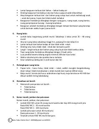  Lantai banguann terbuat dari bahan – bahan kedap air 
 Dinding bangunan hendaknya rata dan halus supaya mudah dibersihkan 
 Atap bangunan terbuat dari dari bahan yang cukup kuat untuk melindungi anak 
– anak dari panas, hujan dan tidak mudah terbakar 
 Banguanan hendaknya dilengkapi dengan ruang guru, ruang rapat, ruang kantor, 
ruang penyimpanan barang – barang kesehatan 
 Bangunan sekolah hendaknya dilengkapi dengan tempat bermaian yang beratap 
untuk bermain waktu hujan/ panas terik 
6. Ruang kelas 
 Jumlah kelas tergantung jumlah murid. Sebaiknya 1 kelas untuk 35 – 40 orang 
murid 
 Ukuran ruang kelas sebaiknya tinggi 4 m, panjang 8 m dan lebar 6 m 
 Lantai terbuat dari bahan kedap air dan tidak retak –retak 
 Dinding rata, halus tidak retak –retak dan berwarna putih 
 Langit – langit terbuat dari bahan yang cukup kuat dan tidak tembus debu 
 Tiap ruang kelas hendaknya dilengkapi dengan 2 buah pintu 
 Luas jendela beserta lobang angina minimal 20% dari luas lantai 
 Waktu istirahat pintu dan jendela harus terbuka 
 Sinar sebaiknya dating dari 2 arah kanan dan kiri 
7. Perlengkapan ruang kelas 
 Papan tulis : harus halus, tidak retak – retak, sedikit mungkin bergelombang, 
dicat redup ( tidak menyilaukan ), letak mudah dan nyaman dilihat siswa 
 Meja murid : konstruksi harus sederahana tapi kuat, meja berukuran 40 X 60 dan 
dibuat sedikit miring kebelakang 
8. Persediaan air bersih 
 Memenuhi persyaratan air bersih : 
 Tidak berbau 
 Tidak berasa 
 Tidak berwarna 
9. Kamar mandi, jamban dan peturasan 
Kamar mandi, jamban, dan peturasan 
 Jumlah KM/ WC untuk 35 orang murid wanita dan tiap 100 orang murid pria 
Rasio KM/ WC 1 : 35 murid wanita 
Rasio KM/ WC 1 : 100 murid pria 
 Jumlah peturasan untuk 30 murid pria 
Rasio peturasan 1 : 30 murid pria 
 Terpisah antara KM/ WC murid dan guru 
8 Buku Saku Dokter Kecil Jt0058@gmail.com#2014 
 