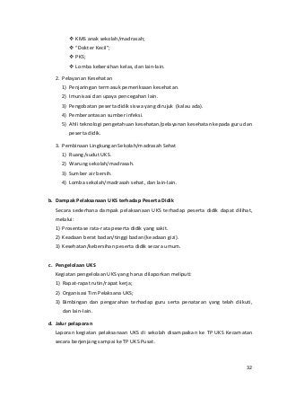  KMS anak sekolah/madrasah; 
 “Dokter Kecil”; 
 PKS; 
 Lomba kebersihan kelas, dan lain-lain. 
2. Pelayanan Kesehatan 
1) Penjaringan termasuk pemeriksaan kesehatan. 
2) Imunisasi dan upaya pencegahan lain. 
3) Pengobatan peserta didik siswa yang dirujuk (kalau ada). 
4) Pemberantasan sumber infeksi. 
5) Ahli teknologi pengetahuan kesehatan/pelayanan kesehatan kepada guru dan 
peserta didik. 
3. Pembinaan Lingkungan Sekolah/madrasah Sehat 
1) Ruang/sudut UKS. 
2) Warung sekolah/madrasah. 
3) Sumber air bersih. 
4) Lomba sekolah/madrasah sehat, dan lain-lain. 
b. Dampak Pelaksanaan UKS terhadap Peserta Didik 
Secara sederhana dampak pelaksanaan UKS terhadap peserta didik dapat dilihat, 
melalui: 
1) Prosentase rata-rata peserta didik yang sakit. 
2) Keadaan berat badan/tinggi badan (keadaan gizi). 
3) Kesehatan/kebersihan peserta didik secara umum. 
c. Pengelolaan UKS 
Kegiatan pengelolaan UKS yang harus dilaporkan meliputi: 
1) Rapat-rapat rutin/rapat kerja; 
2) Organisasi Tim Pelaksana UKS; 
3) Bimbingan dan pengarahan terhadap guru serta penataran yang telah diikuti, 
dan lain-lain. 
d. Jalur pelaporan 
Laporan kegiatan pelaksanaan UKS di sekolah disampaikan ke TP UKS Kecamatan 
secara berjenjang sampai ke TP UKS Pusat. 
32 
 