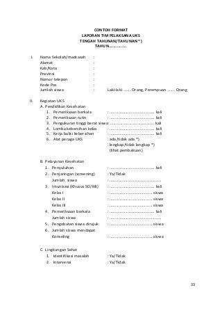 CONTOH FORMAT 
LAPORAN TIM PELAKSANA UKS 
TENGAH TAHUNAN/TAHUNAN *) 
TAHUN............... 
I. Nama Sekolah/madrasah : 
Alamat : 
Kab/Kota : 
Provinsi : 
Nomor telepon : 
Kode Pos : 
Jumlah siswa : Laki-laki ...... Orang, Perempuan ...... Orang 
II. Kegiatan UKS 
A. Pendidikan Kesehatan 
1. Pemeriksaan berkala : ........................................ kali 
2. Pemeriksaan rutin : ........................................ kali 
3. Pengukuran tinggi berat siswa: ....................................... kali 
4. Lomba kebersihan kelas : ........................................ kali 
5. Kerja bakti kebersihan : ........................................ kali 
6. Alat peraga UKS : ada/tidak ada *) 
: lengkap/tidak lengkap *) 
(lihat pembakuan) 
B. Pelayanan Kesehatan 
1. Penyuluhan : ........................................ kali 
2. Penjaringan (screening) : Ya/Tidak 
Jumlah siswa : .............................................. 
3. Imunisasi (Khusus SD/MI) : ........................................ kali 
Kelas I : ...................................... siswa 
Kelas II : ...................................... siswa 
Kelas III : ...................................... siswa 
4. Pemeriksaan berkala : ........................................ kali 
Jumlah siswa : .............................................. 
5. Pengobatan siswa dirujuk : .......................................siswa 
6. Jumlah siswa mendapat 
Konseling : .......................................siswa 
C. Lingkungan Sehat 
1. Identifikasi masalah : Ya/Tidak 
2. Intervensi : Ya/Tidak 
33 
 