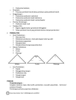  Perdarahan kedalam 
o Penyebab : 
 Putusnya pembuluh darah datau perlukaan pada pembuluh darah 
o Penggolongan : 
 Perdarahan pembuluh nadi/arteri 
 Perdarahan pembuluh darah balik/vena 
 Perdarahan pembuluh darah rambut/kapiler 
o Prioritas Pertolongan : 
 Pembuluh darah nadi 
o Tindakan P3K : 
 Bagian anggota badan yg berdarah ditinggikan 
 Tekan pembuluh darah yang terletak diantara tempat perdarahan 
 PEMBALUTAN 
o Guna Pembalutan : 
 Menutup luka 
 Melakukan penekanan, misal pada bagian tubuh yg sakit 
 Membatasi pergerakan 
 Mengikat bidai 
 Menghentikan/mengurangi perdarahan 
o Macam Pembalutan 
 Mitela 
 Funda 
 Platenga 
Mitela Funda Platenga 
o Cara Pembalutan 
 Kepala 
 Menggendong tangan 
 Pembalutan siku 
 Telapak tangan 
 Telapak kaki 
PINGSAN 
Penyebab pingsan : 
Sengatan matahari, lapar, takut sedih, perdarahan, rasa sakit yang hebat, benturan/ 
pukulan di kepala. 
Pertolongan pertama yang harus dilakukan : 
33 Buku Saku Dokter Kecil Jt0058@gmail.com#2014 
 