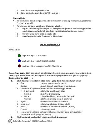 2. Mata ditutup supaya beristirahat 
3. Bawa penderita ke puskesmas/ RS terdekat 
Trauma kimia : 
 Terjadi karena tiodak sengaja mata terperscik oleh ciran yang mengandung zat kimia 
( tip ex, cat air, dll) 
 Pertolongan pertama yang harus dilakukan adalah : 
1. segera lakukan irigasi dengan air mengalir yang bersih, bhisa menggunakan 
ceret, gayung, gelas botol, atau kran yang dihubungkan dengan selang 
2. Beriakn salep mata antibiotika jika ada 
3. Bawalah penderita ke Puskesmas/ RS terdekat 
OBAT SEDERHANA 
LOGO OBAT 
Lingkaran Hijau : Obat Bebas 
Lingkaran Biru : Obat Bebas Terbatas 
Lingkaran Merah dengan huruf K : Obat Keras 
Pengertian obat adalah semua zat baik kimiawi, hewani maupun nabati, yang dalam dosis 
layak dapat menyembuhkan, meringankan atau mencegah penyakit atau gejala – gejalanya. 
Cara pemberian obat : 
1. Obat dalam/ efek sistemik adalah obat yang diedarkan ke seluruh tubuh 
a. Oral : pemberiannya melalui mulut 
Bentuk : tablet, kapsul, obat hisap, sirup, tetesan 
b. Oromucosal : pemberian melalui mucosa di rongga mulut 
 Sub lingual : obat ditaruh di bawah lidah 
Bentuk : tablet kecil atau spray 
 Bucal : obat diletakkan di antara pipi dan gusi 
Contoh : obat untuk mempercepat kelahiran 
c. Injeksi : pemberiannya melalui suntikan 
d. Implantasi : obat dicangkokkan di bawah kulit 
e. Rectal : pemberian obat melalui rectal ( dubur ) 
Contoh : obat untuk wasir 
f. Transdermal : cara pemakaian melalui permukaan kulit, berupa plester 
Umumnya untuk gangguan jantung 
2. Obal luar/ efek local adalah obat yang di pakai setempat 
36 Buku Saku Dokter Kecil Jt0058@gmail.com#2014 
 