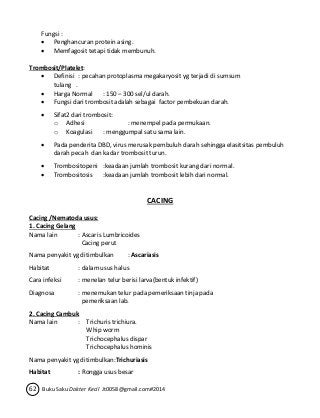 Fungsi : 
 Penghancuran protein asing. 
 Memfagosit tetapi tidak membunuh. 
Trombosit/Platelet: 
 Definisi : pecahan protoplasma megakaryosit yg terjadi di sumsum 
tulang . 
 Harga Normal : 150 – 300 sel/ul darah. 
 Fungsi dari trombosit adalah sebagai factor pembekuan darah. 
 Sifat2 dari trombosit: 
o Adhesi : menempel pada permukaan. 
o Koagulasi : menggumpal satu sama lain. 
 Pada penderita DBD, virus merusak pembuluh darah sehingga elasitsitas pembuluh 
darah pecah dan kadar trombosit turun. 
 Trombositopeni :keadaan jumlah trombosit kurang dari normal. 
 Trombositosis :keadaan jumlah trombosit lebih dari normal. 
CACING 
Cacing /Nematoda usus: 
1. Cacing Gelang 
Nama lain : Ascaris Lumbricoides 
Cacing perut 
Nama penyakit yg ditimbulkan : Ascariasis 
Habitat : dalam usus halus 
Cara infeksi : menelan telur berisi larva(bentuk infektif) 
Diagnosa : menemukan telur pada pemeriksaan tinja pada 
pemeriksaan lab. 
2. Cacing Cambuk 
Nama lain : Trichuris trichiura. 
Whip worm 
Trichocephalus dispar 
Trichocephalus hominis 
Nama penyakit yg ditimbulkan:Trichuriasis 
Habitat : Rongga usus besar 
62 Buku Saku Dokter Kecil Jt0058@gmail.com#2014 
 