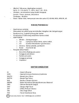 - Alkohol / Minuman, digolongkan menjadi : 
Gol A : 0 – 5 %; Gol B : 5 – 20 % ; Gol C : 20 – 55 % 
- Inhalasia : zat-zat pelarut yang mudah menguap 
Contoh : Tinner, acetone, chloroform 
- Tembakau : Nicotine 
- Extasi : Bukan obat, mempunyai nama lain yaitu ICE, ADAM, INEX, APACHE, dll. 
ROKOK/TEMBAKAU 
- Awal menuju narkoba 
- Merupakan zat adiktif yang menimbulkan ketagihan dan ketrgantungan 
- Pembunuh no. 3 setelah jantung dan kanker 
- Di Indonesia 57.000 orang mati/tahun karena rokok 
- ASAP ROKOK : 
o Nikotin : Ketergantungan 
o Tar : Campuran bahan kimia, warna coklat 
o CO : (Carbon Monoksida = gas beracun) 
o Amonia : Bahan peledak, pembersih 
o Butan : Gas Korek Api 
- Penyakit akibat Rokok : 
o Bronchitis (Radang paru-paru) 
o Gangguan pernafasan 
o Kanker paru-paru 
o Gangguan jantung 
o Impotensi 
DAFTAR SINGKATAN 
AI : Aviant Influensa 
AIDS : Aquired Immune Deviciency Syndrome 
BALITA : Bawah Lima Tahun 
BATITA : Bawah Tiga Tahun 
BCG : Bacillus Calmete Guirene 
BKKBN : Badan Koordinasi Keluarga Berencana Nasional 
DBD : Demam Berdarah Dengue 
DHF : Dengue High Fever 
DPT : Difteri Pertusis Tetanus 
DSS : Desa Siaga Sehat 
FKD : Forum Kesehatan Desa 
66 Buku Saku Dokter Kecil Jt0058@gmail.com#2014 
 