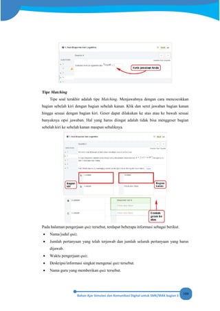 104
Tipe Matching
Tipe soal terakhir adalah tipe Matching. Menjawabnya dengan cara mencocokkan
bagian sebelah kiri dengan bagian sebelah kanan. Klik dan seret jawaban bagian kanan
hingga sesuai dengan bagian kiri. Geser dapat dilakukan ke atas atau ke bawah sesuai
banyaknya opsi jawaban. Hal yang harus diingat adalah tidak bisa menggeser bagian
sebelah kiri ke sebelah kanan maupun sebaliknya.
Pada halaman pengerjaan quiz tersebut, terdapat beberapa informasi sebagai berikut.
• Nama/judul quiz.
• Jumlah pertanyaan yang telah terjawab dan jumlah seluruh pertanyaan yang harus
dijawab.
• Waktu pengerjaan quiz.
• Deskripsi/informasi singkat mengenai quiz tersebut.
• Nama guru yang memberikan quiz tersebut.
 