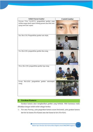 131
Istilah Ukuran Gambar Contoh Gambar
Extreme Close Up (ECU): pengambilan gambar yang
terlihat sangat detail seperti hidung pemain atau bibir atau
ujung tumit dari sepatu.
One Shot (1S): Pengambilan gambar satu objek.
Two Shot (2S): pengambilan gambar dua orang.
Three Shot (3S): pengambilan gambar tiga orang.
Group Shot (GS): pengambilan gambar sekelompok
orang.
J. Gerakan Kamera
Gerakan kamera akan menghasilkan gambar yang berbeda. Oleh karenanya maka
dibedakan dengan istilah-istilah sebagai berikut.
1) Pan atau Panning, yaitu pergerakan kamera secara horizontal, yaitu gerakan kamera
dari kiri ke kanan (Pan Kanan) atau dari kanan ke kiri (Pan Kiri).
 