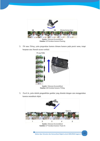 132
Sumber: Dokumen Kemendikbud
Gambar 2.5 Gerakan kamera Panning
2) Tilt atau Tilting, yaitu pergerakan kamera dimana kamera pada posisi sama, tetapi
berputar atas /bawah secara vertikal.
Sumber: Dokumen Kemendikbud
Gambar 2.6 Gerakan kamera Tilting
3) Track In, yaitu teknik pengambilan gambar yang dimulai dengan cara menggerakan
kamera mendekati objek.
Sumber: Dokumen Kemendikbud
Gambar 2.7 Gerakan kamera Track In
 