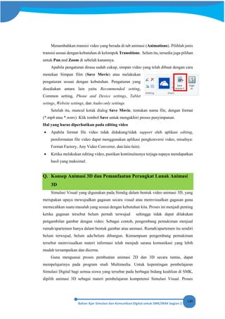149
Menambahkan transisi video yang berada di tab animasi (Animations). Pilihlah jenis
transisi sesuai dengan kebutuhan di kelompok Transitions. Selain itu, tersedia juga pilihan
untuk Pan and Zoom di sebelah kanannya.
Apabila pengaturan dirasa sudah cukup, simpan video yang telah dibuat dengan cara
menekan Simpan film (Save Movie) atau melakukan
pengaturan sesuai dengan kebutuhan. Pengaturan yang
disediakan antara lain yaitu Recommended setting,
Common setting, Phone and Device settings, Tablet
setings, Website settings, dan Audio only settings.
Setelah itu, muncul kotak dialog Save Movie, tentukan nama file, dengan format
(*.mp4 atau *.wmv). Klik tombol Save untuk mengakhiri proses penyimpanan.
Hal yang harus diperhatikan pada editing video
• Apabila format file video tidak didukung/tidak support oleh aplikasi editing,
pemformatan file video dapat menggunakan aplikasi pengkonversi video, misalnya:
Format Factory, Any Video Converter, dan lain-lain).
• Ketika melakukan editing video, pastikan kontinuitasnya terjaga supaya mendapatkan
hasil yang maksimal.
Q. Konsep Animasi 3D dan Pemanfaatan Perangkat Lunak Animasi
3D
Simulasi Visual yang digunakan pada Simdig dalam bentuk video animasi 3D, yang
merupakan upaya mewujudkan gagasan secara visual atau memvisualkan gagasan guna
memecahkan suatu masalah yang sesuai dengan kebutuhan kita. Proses ini menjadi penting
ketika gagasan tersebut belum pernah terwujud sehingga tidak dapat dilakukan
pengambilan gambar dengan video. Sebagai contoh, pengembang pemukiman menjual
rumah/apartemen hanya dalam bentuk gambar atau animasi. Rumah/apartemen itu sendiri
belum terwujud, belum ada/belum dibangun. Kemampuan pengembang pemukiman
tersebut memvisualkan materi informasi telah menjadi sarana komunikasi yang lebih
mudah tersampaikan dan dicerna.
Guna menguasai proses pembuatan animasi 2D dan 3D secara tuntas, dapat
mempelajarinya pada program studi Multimedia. Untuk kepentingan pembelajaran
Simulasi Digital bagi semua siswa yang tersebar pada berbagai bidang keahlian di SMK,
dipilih animasi 3D sebagai materi pembelajaran kompetensi Simulasi Visual. Proses
 