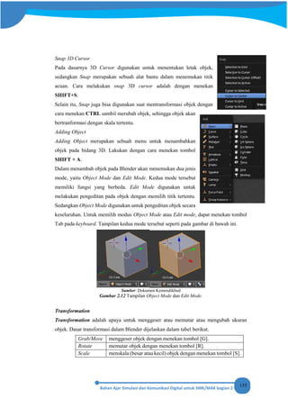 155
Snap 3D Cursor
Pada dasarnya 3D Cursor digunakan untuk menentukan letak objek,
sedangkan Snap merupakan sebuah alat bantu dalam menemukan titik
acuan. Cara melakukan snap 3D cursor adalah dengan menekan
SHIFT+S.
Selain itu, Snap juga bisa digunakan saat mentransformasi objek dengan
cara menekan CTRL sambil merubah objek, sehingga objek akan
bertranformasi dengan skala tertentu.
Adding Object
Adding Object merupakan sebuah menu untuk menambahkan
objek pada bidang 3D. Lakukan dengan cara menekan tombol
SHIFT + A.
Dalam menambah objek pada Blender akan menemukan dua jenis
mode, yaitu Object Mode dan Edit Mode. Kedua mode tersebut
memiliki fungsi yang berbeda. Edit Mode digunakan untuk
melakukan pengeditan pada objek dengan memilih titik tertentu.
Sedangkan Object Mode digunakan untuk pengeditan objek secara
keseluruhan. Untuk memilih modus Object Mode atau Edit mode, dapat menekan tombol
Tab pada keyboard. Tampilan kedua mode tersebut seperti pada gambar di bawah ini.
Sumber: Dokumen Kemendikbud
Gambar 2.12 Tampilan Object Mode dan Edit Mode.
Transformation
Transformation adalah upaya untuk menggeser atau memutar atau mengubah ukuran
objek. Dasar transformasi dalam Blender dijelaskan dalam tabel berikut.
Grab/Move menggeser objek dengan menekan tombol [G].
Rotate memutar objek dengan menekan tombol [R].
Scale menskala (besar atau kecil) objek dengan menekan tombol [S].
 