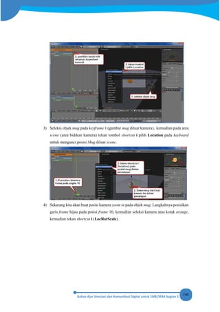190
3) Seleksi objek mug pada keyframe 1 (gambar mug diluar kamera), kemudian pada area
scene (area bidikan kamera) tekan tombol shortcut i pilih Location pada keyboard
untuk mengunci posisi Mug diluar scene.
4) Sekarang kita akan buat posisi kamera zoom in pada objek mug. Langkahnya posisikan
garis frame hijau pada posisi frame 10, kemudian seleksi kamera atau kotak orange,
kemudian tekan shortcut i (LocRotScale).
 