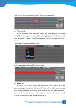 200
Seleksi kedua strip dengan menekan Shift A (Add), pilih Gamma Cross.
5. Mixing Audio
Mixing merupakan tahap pemaduan gambar dan suara. Kegiatan ini meliputi
mengelola dan menempatkan serta memilih sound yang diinginkan. Contohnya mengubah
suara seperti suara robot dan memberikan backsound instrumen termasuk dalam proses
mixing.
Tekan Shift+A (Add) lalu masukkan sound.
Hasil suara yang dimasukkan adalah sebagai berikut.
6. Rendering
Rendering adalah proses editing dari keseluruhan proses animasi mulai dari
pemodelan sampai video animasi kelihatan utuh. Pada rendering akhir, semua data yang
telah dibuat diterjemahkan dalam bentuk output (tampilan akhir pada model dan animasi).
Proses render animasi dilakukan dengan dua cara, yaitu merender animasi menjadi
sequence gambar dan merender animasi menjadi video.
 