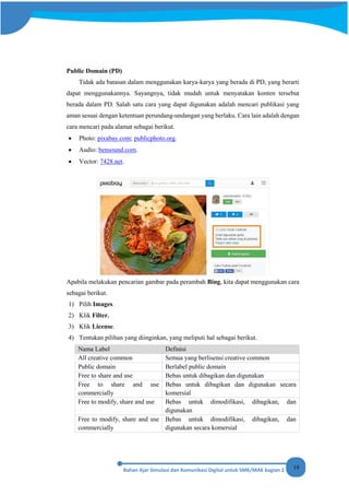 19
Public Domain (PD)
Tidak ada batasan dalam menggunakan karya-karya yang berada di PD, yang berarti
dapat menggunakannya. Sayangnya, tidak mudah untuk menyatakan konten tersebut
berada dalam PD. Salah satu cara yang dapat digunakan adalah mencari publikasi yang
aman sesuai dengan ketentuan perundang-undangan yang berlaku. Cara lain adalah dengan
cara mencari pada alamat sebagai berikut.
• Photo: pixabay.com; publicphoto.org.
• Audio: bensound.com.
• Vector: 7428.net.
Apabila melakukan pencarian gambar pada perambah Bing, kita dapat menggunakan cara
sebagai berikut.
1) Pilih Images.
2) Klik Filter.
3) Klik License.
4) Tentukan pilihan yang diinginkan, yang meliputi hal sebagai berikut.
Nama Label Definisi
All creative common Semua yang berlisensi creative common
Public domain Berlabel public domain
Free to share and use Bebas untuk dibagikan dan digunakan
Free to share and use
commercially
Bebas untuk dibagikan dan digunakan secara
komersial
Free to modify, share and use Bebas untuk dimodifikasi, dibagikan, dan
digunakan
Free to modify, share and use
commercially
Bebas untuk dimodifikasi, dibagikan, dan
digunakan secara komersial
 