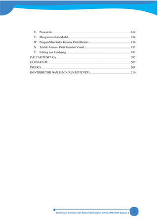 v
U. Pemodelan.......................................................................................................... 164
V. Menganimasikan Model..................................................................................... 184
W. Pengambilan Sudut Kamera Pada Blender......................................................... 186
X. Teknik Animasi Pada Simulasi Visual............................................................... 187
Y. Editing dan Rendering........................................................................................ 197
DAFTAR PUSTAKA..................................................................................................... 203
GLOSARIUM................................................................................................................. 207
INDEKS.......................................................................................................................... 208
KONTRIBUTOR DAN PENINJAU (REVIEWER) ....................................................... 216
 