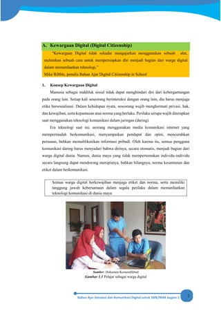 2
A. Kewargaan Digital (Digital Citizenship)
"Kewargaan Digital tidak sekadar mengajarkan menggunakan sebuah alat,
melainkan sebuah cara untuk mempersiapkan diri menjadi bagian dari warga digital
dalam memanfaatkan teknologi.”
Mike Ribble, penulis Bahan Ajar Digital Citizenship in School
BAB IV
1. Konsep Kewargaan Digital
Manusia sebagai makhluk sosial tidak dapat menghindari diri dari kebergantungan
pada orang lain. Setiap kali seseorang berinteraksi dengan orang lain, dia harus menjaga
etika bersosialisasi. Dalam kehidupan nyata, seseorang wajib menghormati privasi, hak,
dan kewajiban, serta kepantasan atau norma yang berlaku. Perilaku serupa wajib diterapkan
saat menggunakan teknologi komunikasi dalam jaringan (daring).
Era teknologi saat ini, seorang menggunakan media komunikasi internet yang
mempermudah berkomunikasi, menyampaikan pendapat dan opini, mencurahkan
perasaan, bahkan memublikasikan informasi pribadi. Oleh karena itu, semua pengguna
komunikasi daring harus menyadari bahwa dirinya, secara otomatis, menjadi bagian dari
warga digital dunia. Namun, dunia maya yang tidak mempertemukan individu-individu
secara langsung dapat mendorong menipisnya, bahkan hilangnya, norma kesantunan dan
etiket dalam berkomunikasi.
Semua warga digital berkewajiban menjaga etiket dan norma, serta memiliki
tanggung jawab kebersamaan dalam segala perilaku dalam memanfaatkan
teknologi komunikasi di dunia maya.
Sumber: Dokumen Kemendikbud
Gambar 1.1 Pelajar sebagai warga digital
 