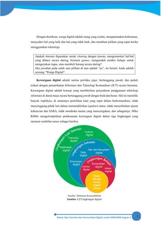 3
Dengan demikian, warga digital adalah orang yang cerdas, mengutamakan kebenaran,
menyadari hal yang baik dan hal yang tidak baik, dan membuat pilihan yang tepat ketika
menggunakan teknologi.
Apakah internet digunakan untuk chatting dengan kawan, mengomentari hal-hal
yang dibaca secara daring, bermain games, mengunduh sumber belajar untuk
mengerjakan tugas, atau membeli barang secara daring?
Jika jawaban pada salah satu pilihan di atas adalah “ya”, itu berarti Anda adalah
seorang “Warga Digital”.
Kewargaan digital adalah norma perilaku jujur, bertanggung jawab, dan peduli
terkait dengan pemanfaatan Informasi dan Teknologi Komunikasi (ICT) secara bersama.
Kewargaan digital adalah konsep yang memberikan penyadaran penggunaan teknologi
informasi di dunia maya secara bertanggung jawab dengan baik dan benar. Hal ini memiliki
banyak implikasi, di antaranya pemilihan kata yang tepat dalam berkomunikasi, tidak
menyinggung pihak lain dalam memutakhirkan (update) status, tidak menyebarkan ujaran
kebencian dan SARA, tidak membuka tautan yang mencurigakan, dan sebagainya. Mike
Ribble mengelompokkan pelaksanaan kewargaan digital dalam tiga lingkungan yang
memuat sembilan unsur sebagai berikut.
Sumber: Dokumen Kemendikbud
Gambar 1.2 Lingkungan digital
 