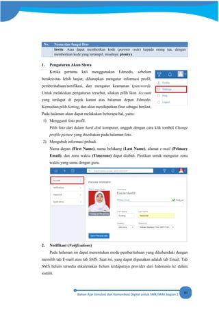 81
No. Nama dan fungsi fitur
Invite. Atau dapat memberikan kode (parents code) kepada orang tua, dengan
memberikan kode yang tertampil, misalnya: ptenryx.
1. Pengaturan Akun Siswa
Ketika pertama kali menggunakan Edmodo, sebelum
beraktivitas lebih lanjut, diharapkan mengatur informasi profil,
pemberitahuan/notifikasi, dan mengatur keamanan (password).
Untuk melakukan pengaturan tersebut, silakan pilih ikon Account
yang terdapat di pojok kanan atas halaman depan Edmodo.
Kemudian pilih Setting, dan akan mendapatkan fitur sebagai berikut.
Pada halaman akun dapat melakukan beberapa hal, yaitu:
1) Mengganti foto profil.
Pilih foto dari dalam hard disk komputer, unggah dengan cara klik tombol Change
profile picture yang disediakan pada halaman foto.
2) Mengubah informasi pribadi.
Nama depan (First Name), nama belakang (Last Name), alamat e-mail (Primary
Email), dan zona waktu (Timezone) dapat diubah. Pastikan untuk mengatur zona
waktu yang sama dengan guru.
2. Notifikasi (Notifications)
Pada halaman ini dapat menentukan mode pemberitahuan yang dikehendaki dengan
memilih tab E-mail atau tab SMS. Saat ini, yang dapat digunakan adalah tab Email. Tab
SMS belum tersedia dikarenakan belum terdapatnya provider dari Indonesia ke dalam
sistem.
 