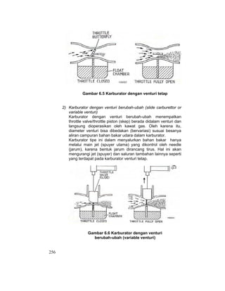256
Gambar 6.5 Karburator dengan venturi tetap
2) Karburator dengan venturi berubah-ubah (slide carburettor or
variable venturi)
Karburator dengan venturi berubah-ubah menempatkan
throttle valve/throttle piston (skep) berada didalam venturi dan
langsung dioperasikan oleh kawat gas. Oleh karena itu,
diameter venturi bisa dibedakan (bervariasi) susuai besanya
aliran campuran bahan bakar udara dalam karburator.
Karburator tipe ini dalam menyalurkan bahan bakar hanya
melalui main jet (spuyer utama) yang dikontrol oleh needle
(jarum), karena bentuk jarum dirancang tirus. Hal ini akan
mengurangi jet (spuyer) dan saluran tambahan lainnya seperti
yang terdapat pada karburator venturi tetap.
Gambar 6.6 Karburator dengan venturi
berubah-ubah (variable venturi)
 