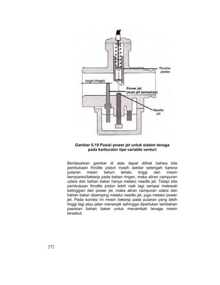 272
Gambar 6.19 Posisi power jet untuk sistem tenaga
pada karburator tipe variable venturi
Berdasarkan gambar di atas dapat dilihat bahwa bila
pembukaan throttle piston masih sekitar setengah karena
putaran mesin belum terlalu tinggi dan mesin
beroparesi/bekerja pada beban ringan, maka aliran campuran
udara dan bahan bakar hanya melalui needle jet. Tetapi bila
pembukaan throttle piston lebih naik lagi sampai melewati
ketinggian dari power jet, maka aliran campuran udara dan
bahan bakar disamping melalui needle jet, juga melalui power
jet. Pada kondisi ini mesin bekerja pada putaran yang lebih
tinggi lagi atau jalan menanjak sehingga diperlukan tambahan
pasokan bahan bakar untuk menambah tenaga mesin
tersebut.
 