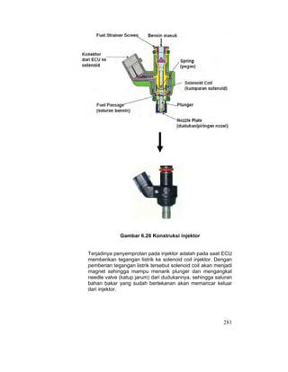 281
Gambar 6.26 Konstruksi injektor
Terjadinya penyemprotan pada injektor adalah pada saat ECU
memberikan tegangan listrik ke solenoid coil injektor. Dengan
pemberian tegangan listrik tersebut solenoid coil akan menjadi
magnet sehingga mampu menarik plunger dan mengangkat
needle valve (katup jarum) dari dudukannya, sehingga saluran
bahan bakar yang sudah bertekanan akan memancar keluar
dari injektor.
 