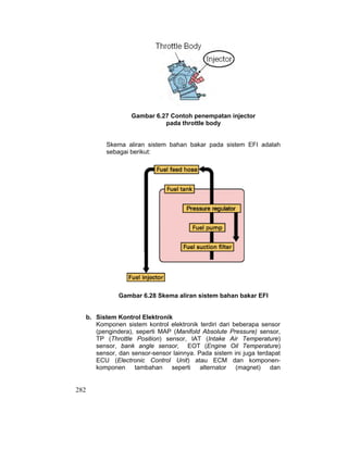 282
Gambar 6.27 Contoh penempatan injector
pada throttle body
Skema aliran sistem bahan bakar pada sistem EFI adalah
sebagai berikut:
Gambar 6.28 Skema aliran sistem bahan bakar EFI
b. Sistem Kontrol Elektronik
Komponen sistem kontrol elektronik terdiri dari beberapa sensor
(pengindera), seperti MAP (Manifold Absolute Pressure) sensor,
TP (Throttle Position) sensor, IAT (Intake Air Temperature)
sensor, bank angle sensor, EOT (Engine Oil Temperature)
sensor, dan sensor-sensor lainnya. Pada sistem ini juga terdapat
ECU (Electronic Control Unit) atau ECM dan komponen-
komponen tambahan seperti alternator (magnet) dan
 