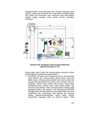 283
regulator/rectifier yang mensuplai dan mengatur tegangan listrik
ke ECU, baterai dan komponen lain. Pada sistem ini juga terdapat
DLC (Data Link Connector) yaitu semacam soket dihubungkan
dengan engine analyzer untuk mecari sumber kerusakan
komponen
Gambar 6.29 Rangkaian sistem kontrol elektronik
pada Honda Supra X 125
Secara garis besar fungsi dari masing-masing komponen sistem
kontrol elektronik antara lain sebagai berikut;
1) ECU/ECM; menerima dan menghitung seluruh informasi/data
yang diterima dari masing-masing sinyal sensor yang ada
dalam mesin. Informasi yang diperoleh dari sensor antara lain
berupa informasi tentang suhu udara, suhu oli mesin, suhu air
pendingin, tekanan atau jumlah udara masuk, posisi katup
throttle/katup gas, putaran mesin, posisi poros engkol, dan
informasi yang lainnya. Pada umumnya sensor bekerja pada
tegangan antara 0 volt sampai 5 volt. Selanjutnya ECU/ECM
menggunakan informasi-informasi yang telah diolah tadi untuk
menghitung dan menentukan saat (timing) dan lamanya
injektor bekerja/menyemprotkan bahan bakar dengan
mengirimkan tegangan listrik ke solenoid injektor. Pada
 