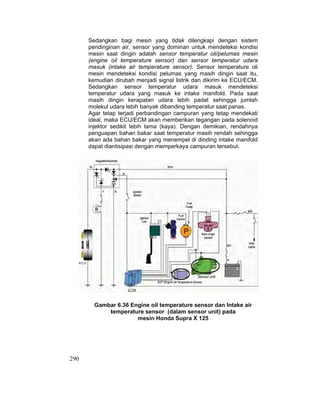 290
Sedangkan bagi mesin yang tidak dilengkapi dengan sistem
pendinginan air, sensor yang dominan untuk mendeteksi kondisi
mesin saat dingin adalah sensor temperatur oli/pelumas mesin
(engine oil temperature sensor) dan sensor temperatur udara
masuk (intake air temperature sensor). Sensor temperature oli
mesin mendeteksi kondisi pelumas yang masih dingin saat itu,
kemudian dirubah menjadi signal listrik dan dikirim ke ECU/ECM.
Sedangkan sensor temperatur udara masuk mendeteksi
temperatur udara yang masuk ke intake manifold. Pada saat
masih dingin kerapatan udara lebih padat sehingga jumlah
molekul udara lebih banyak dibanding temperatur saat panas.
Agar tetap terjadi perbandingan campuran yang tetap mendekati
ideal, maka ECU/ECM akan memberikan tegangan pada solenoid
injektor sedikit lebih lama (kaya). Dengan demikian, rendahnya
penguapan bahan bakar saat temperatur masih rendah sehingga
akan ada bahan bakar yang menempel di dinding intake manifold
dapat diantisipasi dengan memperkaya campuran tersebut.
Gambar 6.36 Engine oil temperature sensor dan Intake air
temperature sensor (dalam sensor unit) pada
mesin Honda Supra X 125
 