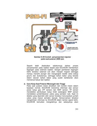 293
Gambar 6.39 Contoh penyemprotan injector
pada saat putaran 2000 rpm
Seperti telah disebutkan sebelumnya bahwa proses
penyemprotan pada injektor terjadi saat ECU/ECM memberikan
tegangan pada solenoid injektor. Dengan pemberian tegangan
listrik tersebut solenoid coil akan menjadi magnet sehingga
mampu menarik plunger dan mengangkat needle valve (katup
jarum) dari dudukannya, sehingga bahan bakar yang berada
dalam saluran bahan bakar yang sudah bertekanan akan
memancar keluar dari injektor.
d. Cara Kerja Saat Putaran Menengah dan Tinggi
Pada saat putaran mesin dinaikkan dan kondisi mesin dalam
keadaan normal, ECU/ECM menerima informasi dari sensor
posisi katup gas (TP sensor) dan MAP sensor. TP sensor
mendeteksi pembukaan katup trotel sedangkan MAP sensor
mendeteksi jumlah/tekanan udara yang semakin naik. Saat ini
deteksi yang diperoleh oleh sensor tersebut menunjukkan jumlah
udara yang masuk semakin banyak. Sensor-sensor tersebut
mengirimkan informasi ke ECU/ECM dalam bentuk signal listrik.
ECU/ECM kemudian mengolahnya dan selanjutnya akan
 