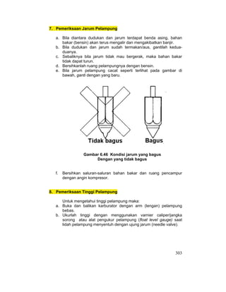 303
7. Pemeriksaan Jarum Pelampung
a. Bila diantara dudukan dan jarum terdapat benda asing, bahan
bakar (bensin) akan terus mengalir dan mengakibatkan banjir.
b. Bila dudukan dan jarum sudah termakan/aus, gantilah kedua-
duanya.
c. Sebaliknya bila jarum tidak mau bergerak, maka bahan bakar
tidak dapat turun.
d. Bersihkanlah ruang pelampungnya dengan bensin.
e. Bila jarum pelampung cacat seperti terlihat pada gambar di
bawah, ganti dengan yang baru.
Gambar 6.46 Kondisi jarum yang bagus
Dengan yang tidak bagus
f. Bersihkan saluran-saluran bahan bakar dan ruang pencampur
dengan angin kompresor.
8. Pemeriksaan Tinggi Pelampung
Untuk mengetahui tinggi pelampung maka:
a. Buka dan balikan karburator dengan arm (lengan) pelampung
bebas.
b. Ukurlah tinggi dengan menggunakan varnier caliper/jangka
sorong atau alat pengukur pelampung (float level gauge) saat
lidah pelampung menyentuh dengan ujung jarum (needle valve).
 