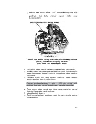 305
2) Bukaan awal sekrup udara : 2 - 2
4
1 putaran keluar (untuk lebih
pastinya, lihat buku manual sepeda motor yang
bersangkutan).
Gambar 6.48 Posisi sekrup udara dan penahan skep (throttle
piston) pada karburator yang terdapat
pada salah satu merk sepeda motor
b. Hangatkan mesin sampai pada suhu operasi/suhu kerja mesin.
c. Matikan mesin dan pasang tachometer (pengukur putaran mesin)
yang disesuaikan dengan instruksi penggunaan oleh pabrikan
tachometer.
d. Hidupkan mesin dan setel putaran stasioner mesin dengan
sekrup penahan skep (throttle piston).
Putaran stasioner/langsam : 1400 ± 100 rpm (untuk lebih
pastinya, lihat buku manual sepeda motor yang bersangkutan)
e. Putar sekrup udara masuk atau keluar secara perlahan sampai
diperoleh kecepatan mesin tertinggi.
f. Ulangi langkah d dan e.
g. Setel kembali putaran stasioner mesin dengan memutar sekrup
penahan skep.
 