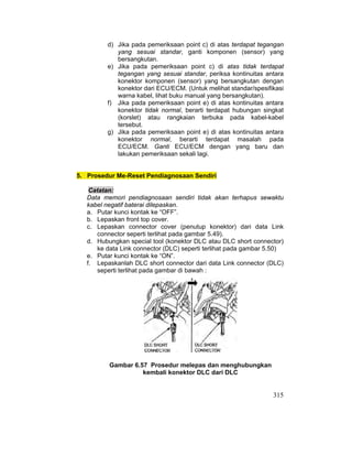 315
d) Jika pada pemeriksaan point c) di atas terdapat tegangan
yang sesuai standar, ganti komponen (sensor) yang
bersangkutan.
e) Jika pada pemeriksaan point c) di atas tidak terdapat
tegangan yang sesuai standar, periksa kontinuitas antara
konektor komponen (sensor) yang bersangkutan dengan
konektor dari ECU/ECM. (Untuk melihat standar/spesifikasi
warna kabel, lihat buku manual yang bersangkutan).
f) Jika pada pemeriksaan point e) di atas kontinuitas antara
konektor tidak normal, berarti terdapat hubungan singkat
(korslet) atau rangkaian terbuka pada kabel-kabel
tersebut.
g) Jika pada pemeriksaan point e) di atas kontinuitas antara
konektor normal, berarti terdapat masalah pada
ECU/ECM. Ganti ECU/ECM dengan yang baru dan
lakukan pemeriksaan sekali lagi.
5. Prosedur Me-Reset Pendiagnosaan Sendiri
Catatan:
Data memori pendiagnosaan sendiri tidak akan terhapus sewaktu
kabel negatif baterai dilepaskan.
a. Putar kunci kontak ke “OFF”.
b. Lepaskan front top cover.
c. Lepaskan connector cover (penutup konektor) dari data Link
connector seperti terlihat pada gambar 5.49).
d. Hubungkan special tool (konektor DLC atau DLC short connector)
ke data Link connector (DLC) seperti terlihat pada gambar 5.50)
e. Putar kunci kontak ke “ON”.
f. Lepaskanlah DLC short connector dari data Link connector (DLC)
seperti terlihat pada gambar di bawah :
Gambar 6.57 Prosedur melepas dan menghubungkan
kembali konektor DLC dari DLC
 