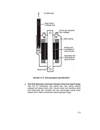 179
Gambar 4.13 Koil pengapian tipe Moulded
c. Tipe Koil gabungan (menyatu) dengan tutup busi (spark plug)
Tipe koil ini merupakan tipe paling baru dan sering disebut
sebagai koil batang (stick coil). Ukuran besar dan beratnya lebih
kecil dibanding tipe moulded coil dan keuntungan palng besar
adalah koil ini tidak memerlukan kabel tegangan tinggi.
 