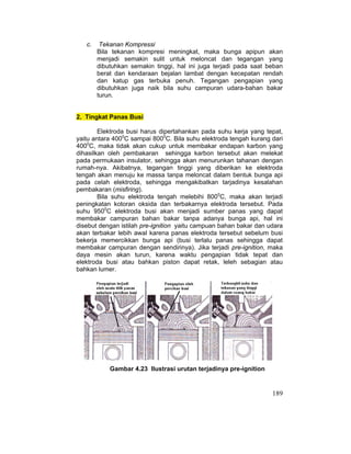189
c. Tekanan Kompressi
Bila tekanan kompresi meningkat, maka bunga apipun akan
menjadi semakin sulit untuk meloncat dan tegangan yang
dibutuhkan semakin tinggi, hal ini juga terjadi pada saat beban
berat dan kendaraan bejalan lambat dengan kecepatan rendah
dan katup gas terbuka penuh. Tegangan pengapian yang
dibutuhkan juga naik bila suhu campuran udara-bahan bakar
turun.
2. Tingkat Panas Busi
Elektroda busi harus dipertahankan pada suhu kerja yang tepat,
yaitu antara 4000
C sampai 8000
C. Bila suhu elektroda tengah kurang dari
4000
C, maka tidak akan cukup untuk membakar endapan karbon yang
dihasilkan oleh pembakaran sehingga karbon tersebut akan melekat
pada permukaan insulator, sehingga akan menurunkan tahanan dengan
rumah-nya. Akibatnya, tegangan tinggi yang diberikan ke elektroda
tengah akan menuju ke massa tanpa meloncat dalam bentuk bunga api
pada celah elektroda, sehingga mengakibatkan tarjadinya kesalahan
pembakaran (misfiring).
Bila suhu elektroda tengah melebihi 8000
C, maka akan terjadi
peningkatan kotoran oksida dan terbakarnya elektroda tersebut. Pada
suhu 9500
C elektroda busi akan menjadi sumber panas yang dapat
membakar campuran bahan bakar tanpa adanya bunga api, hal ini
disebut dengan istilah pre-ignition yaitu campuan bahan bakar dan udara
akan terbakar lebih awal karena panas elektroda tersebut sebelum busi
bekerja memercikkan bunga api (busi terlalu panas sehingga dapat
membakar campuran dengan sendirinya). Jika terjadi pre-ignition, maka
daya mesin akan turun, karena waktu pengapian tidak tepat dan
elektroda busi atau bahkan piston dapat retak, leleh sebagian atau
bahkan lumer.
Gambar 4.23 Ilustrasi urutan terjadinya pre-ignition
 
