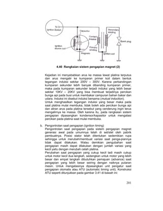 201
4.40 Rangkaian sistem pengapian magnet (2)
Kejadian ini menyebabkan arus ke massa lewat platina terputus
dan arus mengalir ke kumparan primer koil dalam bentuk
tegangan induksi sekitar 200V – 300V. Karena perbandingan
kumparan sekunder lebih banyak dibanding kumparan primer,
maka pada kumparan sekunder terjadi induksi yang lebih besar
sekitar 10KV – 20KV yang bisa membuat terjadinya percikan
bunga api pada busi untuk membakar campuran bahan bakar dan
udara. Induksi ini disebut induksi bersama (mutual induction).
Untuk menghasilkan tegangan induksi yang besar maka pada
saat platina mulai membuka, tidak boleh ada percikan bunga api
dan aliran arus pada platina tersebut yang cenderung ingin terus
mengalirnya ke massa. Oleh karena itu, pada rangkaian sistem
pengapian dipasangkan kondensor/kapasitor untuk mengatasi
percikan pada platina saat mulai membuka.
b. Pengontrolan saat pengapian (ignition timing)
Pengontrolan saat pengapian pada sistem pengapian magnet
generasi awal pada umumnya telah di set/stel oleh pabrik
pembuatnya. Posisi stator telah ditentukan sedemikian rupa
sehingga untuk merubah/membuat variasi saat penga-piannya
tidak dapat dilakukan. Walau demikian pengubahan saat
pengapian masih dapat dilakukan dengan jumlah variasi yang
kecil yaitu dengan merubah celah platina.
Perubahan saat pengapian yang cukup kecil tadi masih cukup
untuk motor kecil dua langkah, sedangkan untuk motor yang lebih
besar dan empat langkah dibutuhkan pemajuan (advance) saat
pengapian yang lebih besar seiring dengan naiknya putaran
mesin. Untuk mengatasinya dipasangkan unit pengatur saat
pengapian otomatis atau ATU (automatic timing unit). Konstruksi
ATU seperti ditunjukkan pada gambar 3.41 di bawah ini:
 