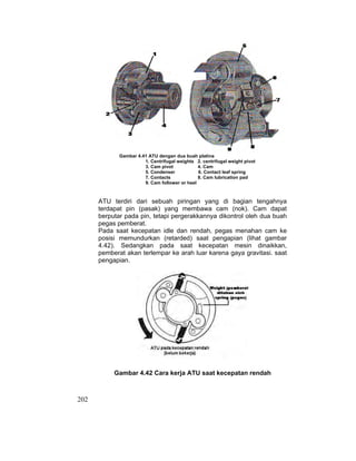 202
Gambar 4.41 ATU dengan dua buah platina
1. Centrifugal weights 2. centrifugal weight pivot
3. Cam pivot 4. Cam
5. Condenser 6. Contact leaf spring
7. Contacts 8. Cam lubrication pad
9. Cam follower or heel
ATU terdiri dari sebuah piringan yang di bagian tengahnya
terdapat pin (pasak) yang membawa cam (nok). Cam dapat
berputar pada pin, tetapi pergerakkannya dikontrol oleh dua buah
pegas pemberat.
Pada saat kecepatan idle dan rendah, pegas menahan cam ke
posisi memundurkan (retarded) saat pengapian (lihat gambar
4.42). Sedangkan pada saat kecepatan mesin dinaikkan,
pemberat akan terlempar ke arah luar karena gaya gravitasi. saat
pengapian.
Gambar 4.42 Cara kerja ATU saat kecepatan rendah
 