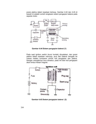 204
posisi platina dalam keadaan tertutup. Gambar 4.44 dan 4.45 di
bawah ini adalah contoh rangkaian sistem pengapian baterai pada
sepeda motor.
Gambar 4.44 Sistem pengapian baterai (1)
Pada saat ignition switch (kunci kontak) dinyalakan, dan posisi
platina dalam keadaan menutup, arus dari baterai mengalir ke
massa melalui kumparan primer koil pengapian dan platina.
Dengan mengalirnya arus tersebut, pada inti besi koil pengapian
akan timbul medan magnet.
Gambar 4.45 Sistem pengapian baterai (2)
 