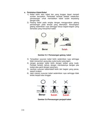 218
e. Perletakan Kabel-Kabel
1) Kabel listrik atau kabel lain yang longgar dapat menjadi
sumber kerusakan. Periksalah kembali setelah melakukan
pemasangan untuk memastikan kabel sudah terpasang
dengan baik.
2) Pasang kabel pada rangka dengan menggunakan gelang
pemasangan pada tempat yang ditentukan. Kencangkan
gelang sedemikian rupa sehingga hanya bagian-bagian yang
berisolasi yang menyentuh kabel.
Gambar 5.3 Pemasangan gelang kabel
3) Tempatkan susunan kabel listrik sedemikian rupa sehingga
tidak menyentuh ujung atau sudut-sudut yang tajam.
4) Jangan gunakan kabel listrik dengan isolasi yang rusak.
Perbaiki terlebih dahulu dengan membalutnya dengan pita
isolasi atau ganti dengan yang baru.
5) Jauhkan susunan kabel-kabel listrik dari bagian yang panas,
seperti knalpot.
6) Jepit (clamp) susunan kabel sedemikian rupa sehingga tidak
terlalu terjepit atau longgar.
Gambar 5.4 Pemasangan penjepit kabel
 